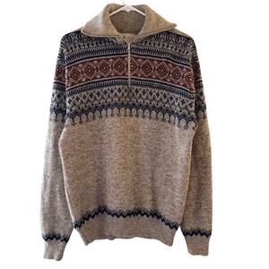 Vintage Winona Knits 100% Wool Nordic Fair Isle Sweater 1/4 Zip Women Large USA
